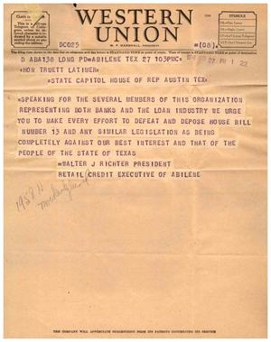 [Telegram from Walter J. Richter to Truett Latimer, March 27, 1957]