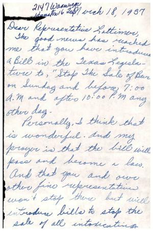 [Letter from Pearl Parker to Truett Latimer}, March 18, 1957]