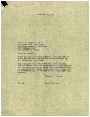 [Letter from Truett Latimer to S. H. Simpson, Jr., February 11, 1957]