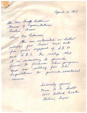 [Letter from B. G. Scott to Truett Latimer, April 10, 1957]