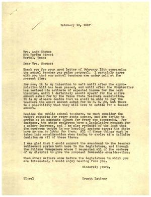 [Letter from Truett Latimer to Mrs. Andy Shouse, February 19, 1957]