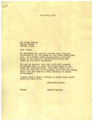 [Letter from Truett Latimer to Nolan Palmer, April 25, 1957]