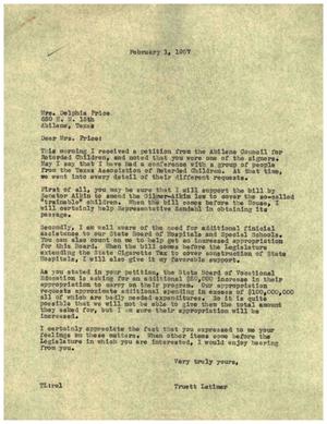 [Letter from Truett Latimer to Delphia Price, February 1, 1957]