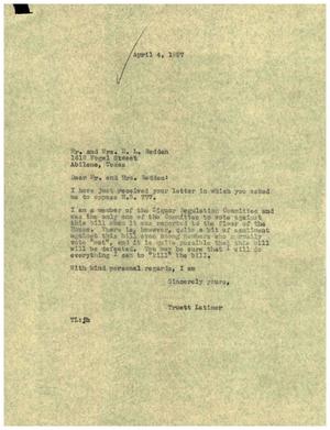 [Letter from Truett Latimer to Mr. and Mrs. R. L. Redden, April 4, 1957]