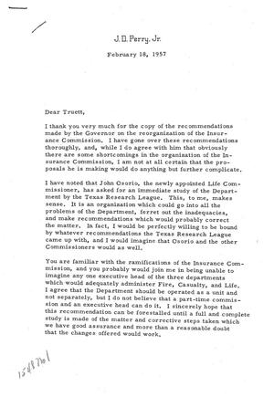 [Letter from J. D. Perry, Jr. to Truett Latimer, February 18, 1957]