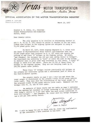 [Letter from James E. Taylor to Senator A. M. Akin, Jr., March 30, 1957]