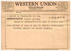[Telegram from Paynter Grocery, April 23, 1957]