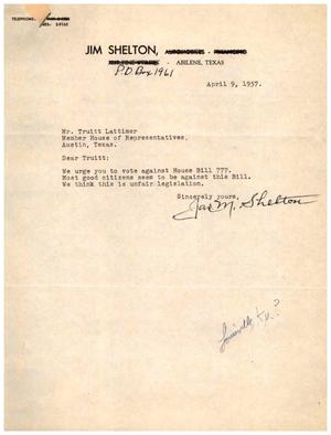 [Letter from James M. Shelton to Truett Latimer, April 9, 1957]