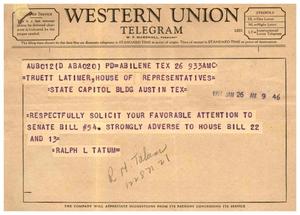 [Telegram from Ralph L. Tatum, January 26, 1957]