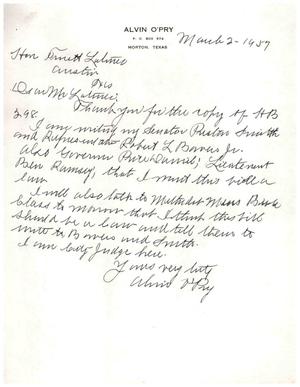 [Letter from Alvin O'Pry to Truett Latimer, March 2, 1957]