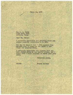 [Letter from Truett Latimer to W. A. Noble, March 11, 1955]