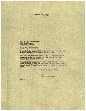 [Letter from Truett Latimer to D. E. Shoemaker, March 11, 1957]