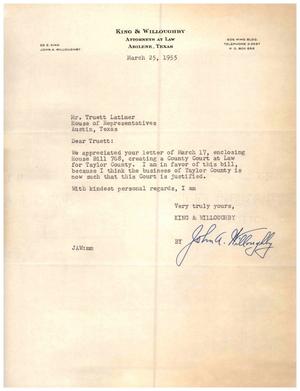 [Letter from John A. Willoughby to Truett Latimer, March 25, 1955]