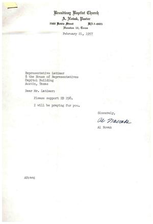 [Letter from Al Novak to Truett Latimer, February 21, 1957]