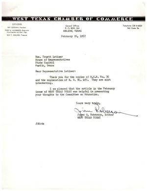 [Letter from James O. Roberson to Truett Latimer, February 26, 1957]
