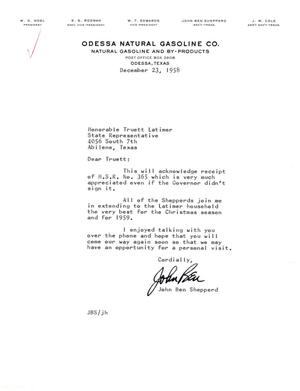 [Letter from John Ben Shepperd to Truett Latimer, December 23, 1958]