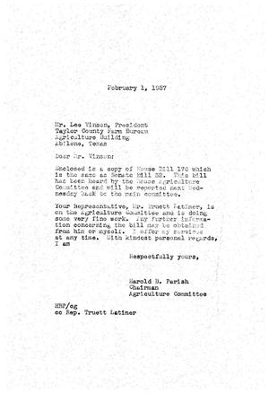 [Letter from Harold B. Parish to Lee Vinson, February 1, 1957]