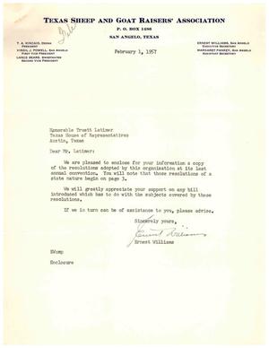 [Letter from Ernest Williams to Truett Latimer, February 1, 1957]