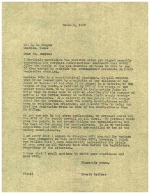 [Letter from Truett Latimer to D. B. Runyon, March 6, 1957]