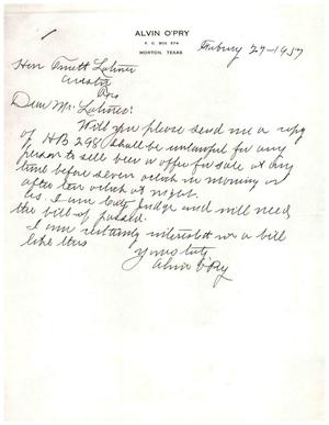 [Letter from Alvin O'Pry to Truett Latimer, February 27, 1957]
