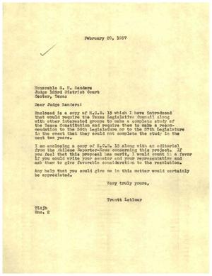 Primary view of object titled '[Letter from Truett Latimer to S. H. Sanders, February 20, 1957]'.
