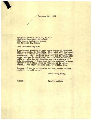 [Letter from Truett Latimer to Elvie S. Taylor, February 26, 1957]