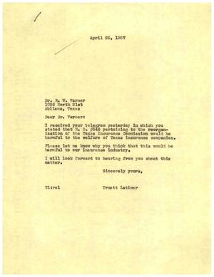 [Letter from Truett Latimer to R. W. Varner, April 25, 1957]