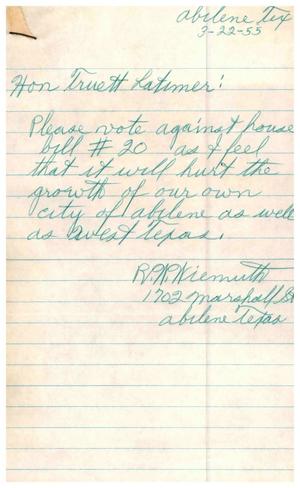 [Letter from R. W. Wiemuth to Truett Latimer, March 22, 1955]