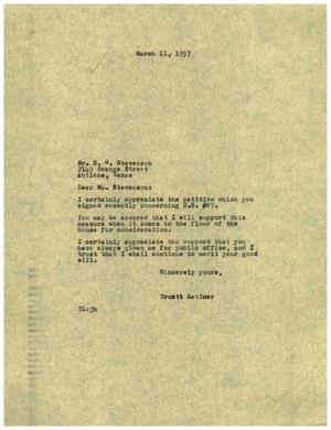[Letter from Truett Latimer to E. G. Stevenson, March 11, 1957]