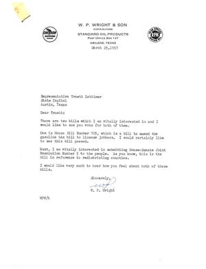 [Letter from W. P. Wright to Truett Latimer, March 25, 1957]