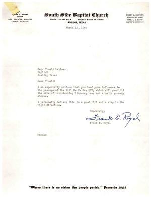 [Letter from Frank E. Royal to Truett Latimer, March 12, 1957]