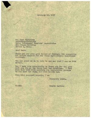 [Letter from Truett Latimer to Jack Whetstone, February 12, 1957]