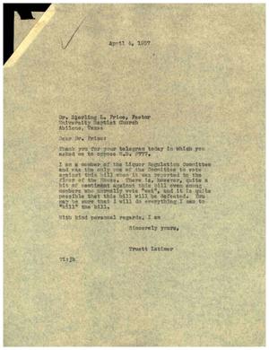[Letter from Truett Latimer to Dr. Sterling L. Price, April 4, 1957]