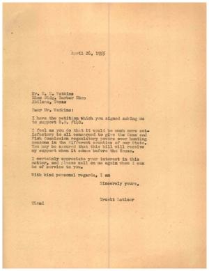 [Letter from Truett Latimer to R. E. Watkins, April 26, 1955]
