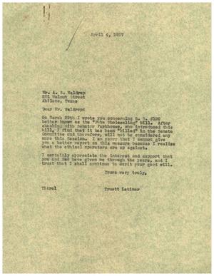 [Letter from Truett Latimer to A. S. Waldrop, April 4, 1957]