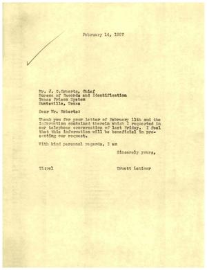 [Letter from Truett Latimer to J. C. Roberts, February 14, 1957]