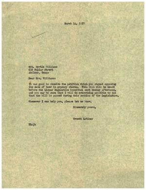 [Letter from Truett Latimer to Myrtle Williams, March 14, 1957]