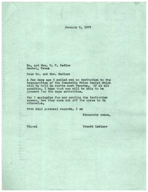 [Letter from Truett Latimer to Dr. and Mrs. W. T. Sadler, January 9, 1957]