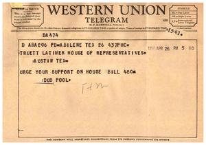 Primary view of object titled '[Telegram from Dub Pool, April 26, 1957]'.