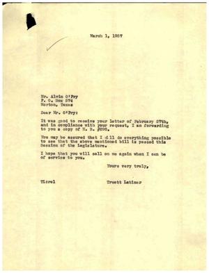[Letter from Truett Latimer to Alvin O'Pry, March 1, 1957]