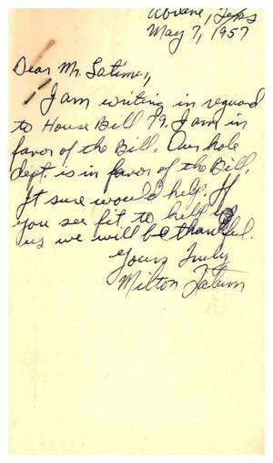 [Postcard from Milton Tatum to Truett Latimer, May 7, 1957]