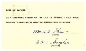 [Postcard from Mrs. W. A. Shaw to Truett Latimer, March 30, 1957]