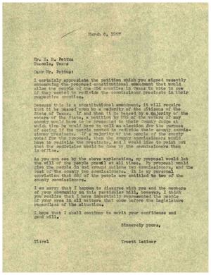 [Letter from Truett Latimer to H. B. Pettus, March 6, 1957]