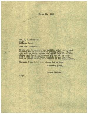[Letter from Truett Latimer to Mrs. C. C. Thompson, March 13, 1957]