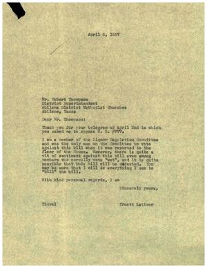 [Letter from Truett Latimer to Hubert Thompson, April 3, 1957]
