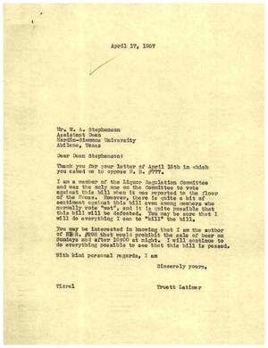 [Letter from Truett Latimer to W. A. Stephenson, April 17, 1957]