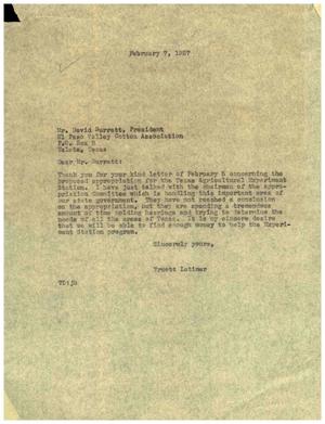 [Letter from Truett Latimer to David Surratt, February 7, 1957]