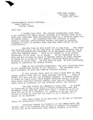 [Letter from Mrs. Paul Straus to Truett Latimer, April 12, 1957]