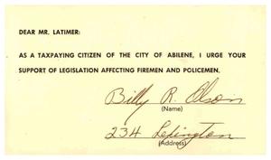 [Postcard from Billy R. Olson to Truett Latimer, March 30, 1957]