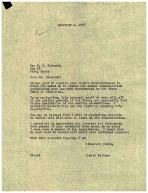 [Letter from Truett Latimer to M. D. Richards, February 6, 1957]